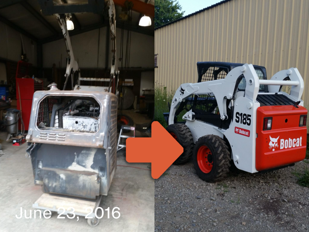 Well-used Bobcat skid steer loader on the left transformed into a like-new loader on the right with an orange arrow between them